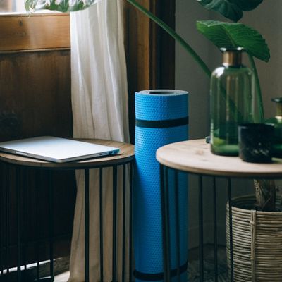 A neatly rolled yoga mat next to a small plant in a quiet room.